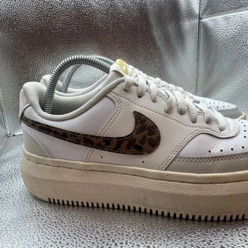 Size 9.5 - Nike Court Vision Alta Womens White Leopard Platform Shoes DO2791-100